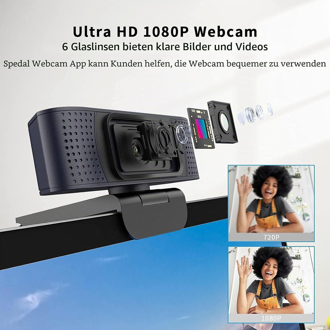 Spedal 1080p Full HD Webcam mit Autofokus, Dual Mikrofon & Privatsphäre Schutz, USB Anschluss, kompa