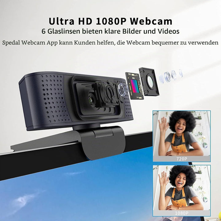 Spedal 1080p Full HD Webcam mit Autofokus, Dual Mikrofon & Privatsphäre Schutz, USB Anschluss, kompa