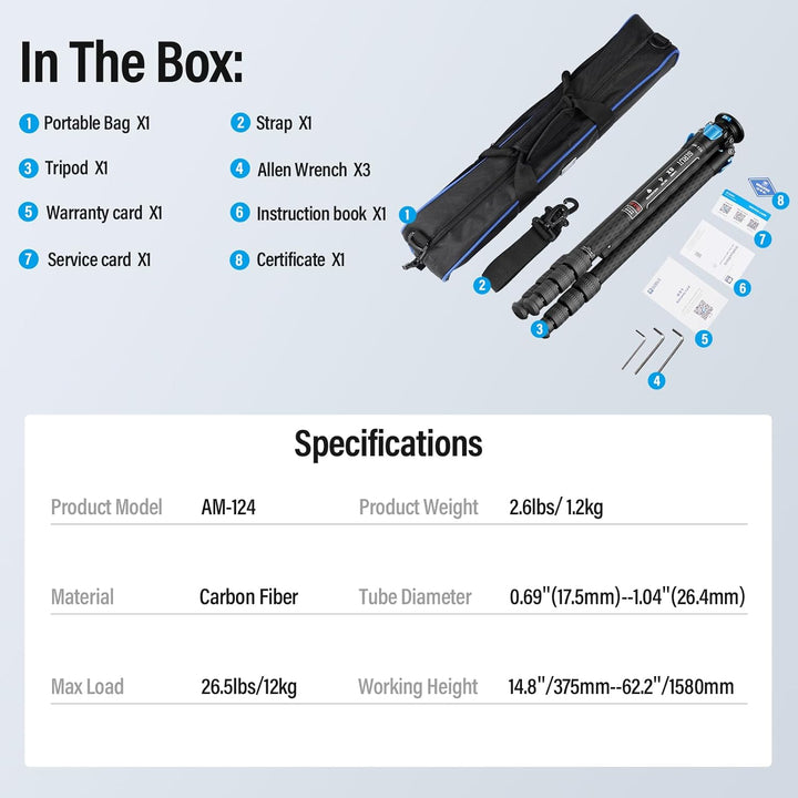 SIRUI AM124 Stativ Carbon Kamera mit dreieckiger Mittelsäule, leichtes Reisestativ Dreibein-Stative