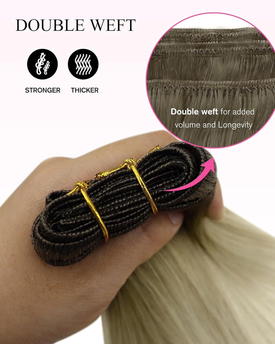 YoungSee Echthaar Tressen zum Einnähen Blond 35cm Tressen Echthaar Aschblond Ombre Blond Haartressen