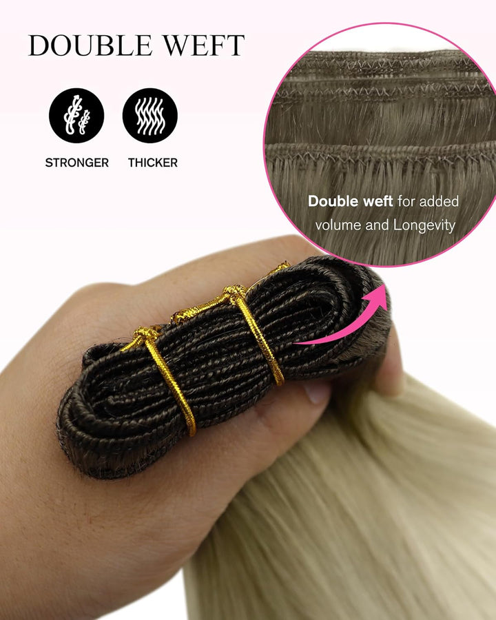 YoungSee Echthaar Tressen zum Einnähen Blond 35cm Tressen Echthaar Aschblond Ombre Blond Haartressen