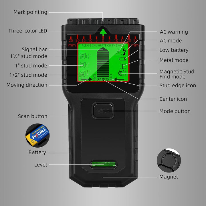 Leitungsfinder Multifunktionaler Stud Finder mit LCD-Display &amp; Audio-Alarm, für Holz, AC-Leitungen,