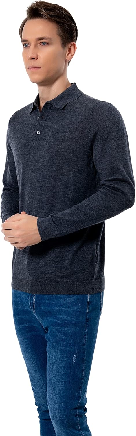 WOSICA Men's 100% Extrafine Merino Wool Long Sleeve Polo S Charcoal, S Charcoal