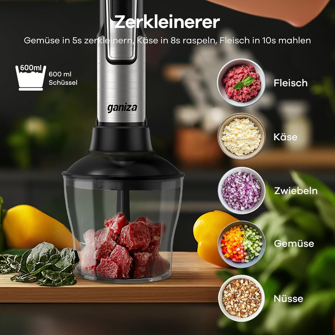 Ganiza Pürierstab 5-en-1, 1200W Stabmixer mit Geschwindigkeitsregelung & Turbo-Modi, Edelstahl Hand