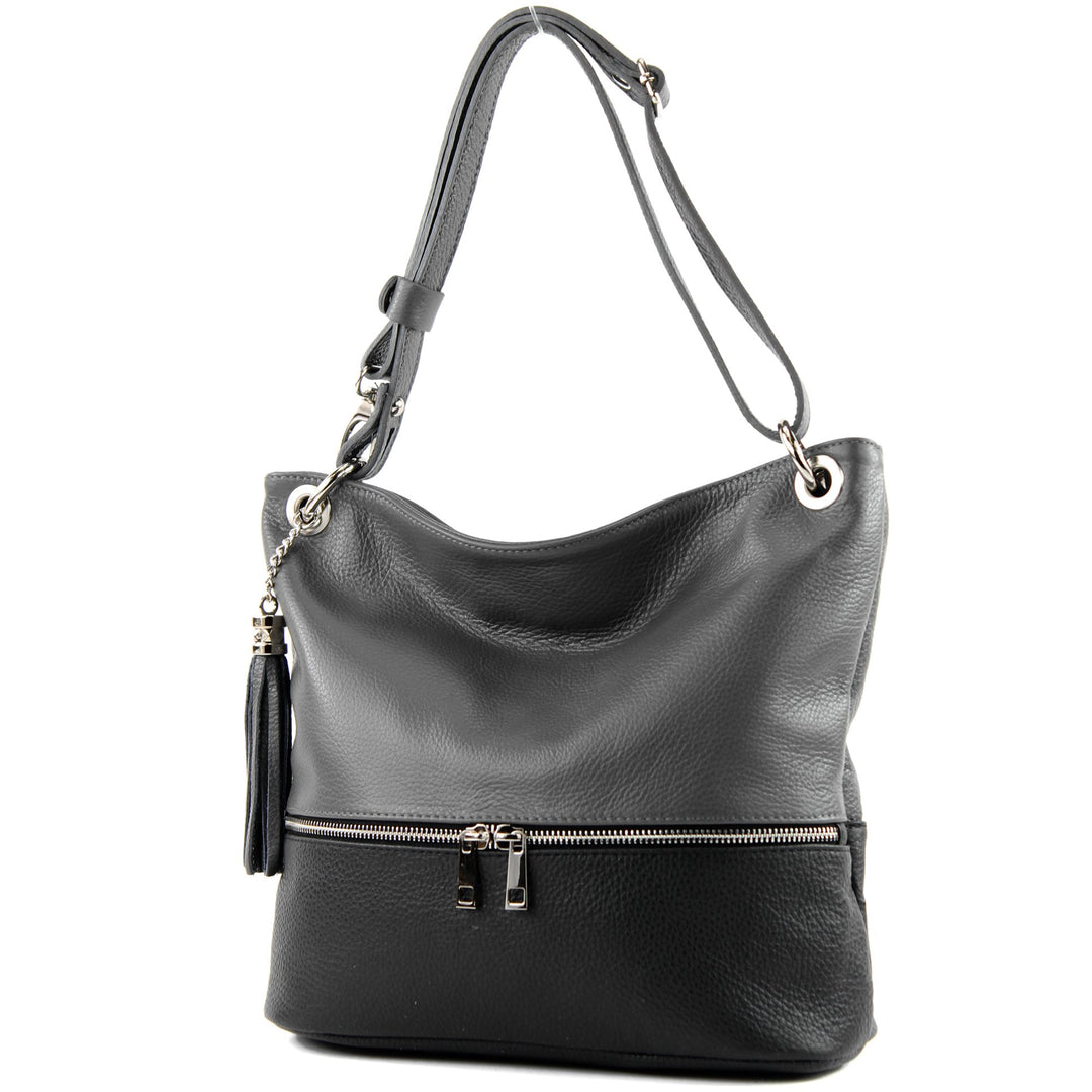 modamoda de - T143 - ital. Leder Schultertasche Umhängetasche Dunkelgrau/Schwarz2021, Dunkelgrau/Sch