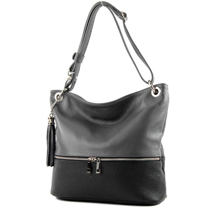 modamoda de - T143 - ital. Leder Schultertasche Umhängetasche Dunkelgrau/Schwarz2021, Dunkelgrau/Sch