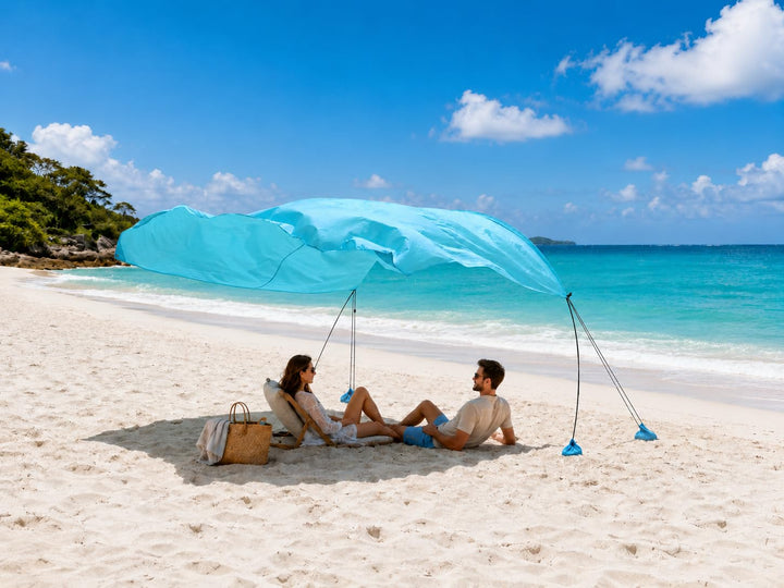 3 m x 3 m Strand Sonnenschutz, leichtes Strandzelt Sonnensegel mit vormontierten Sandsäcken &amp; Abspan