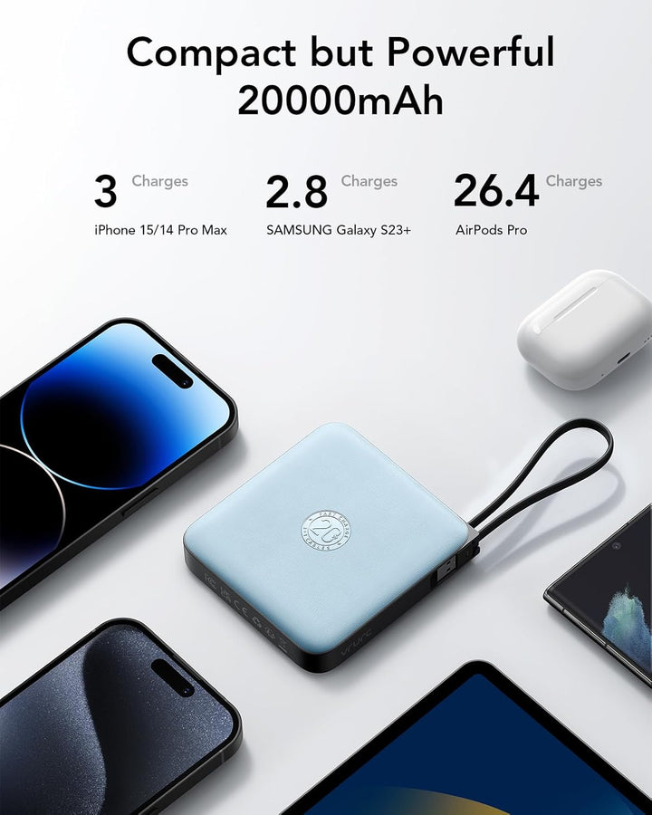 VRURC Power Bank 20000mAh mit Kabel Klein USB C Powerbank Schnelles Aufladen Mini Tragbares Ladegerä