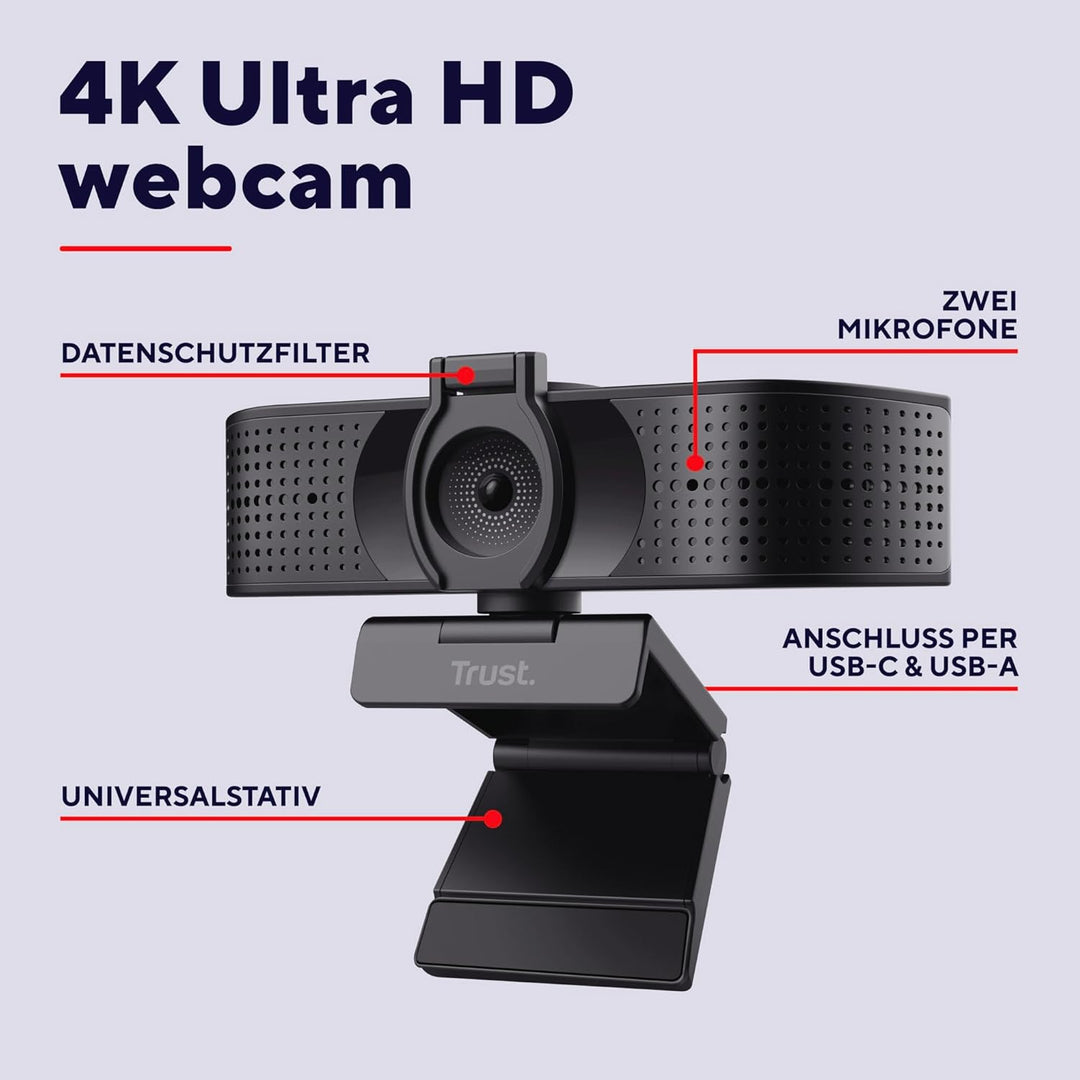 Trust Teza 4K Ultra HD Webcam, 3840x2160 mit 2 Mikrofonen und Autofokus, 30 FPS, USB Plug & Play, We