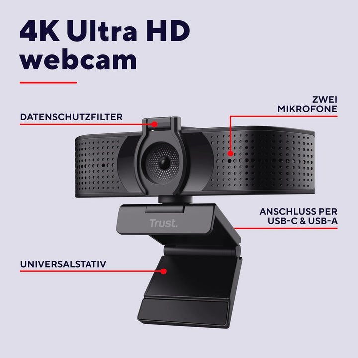Trust Teza 4K Ultra HD Webcam, 3840x2160 mit 2 Mikrofonen und Autofokus, 30 FPS, USB Plug & Play, We
