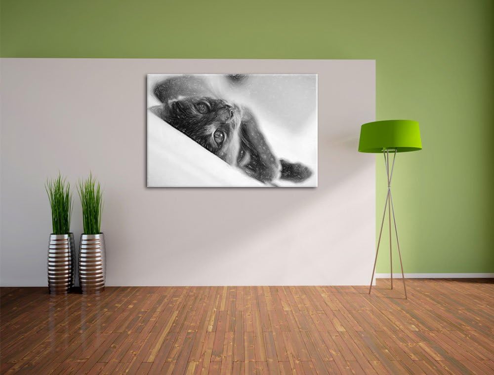 Pixxprint Niedliche Katze Liegt im Bett Bunstift Effekt, Format: 100x70 auf Leinwand, XXL riesige Bi
