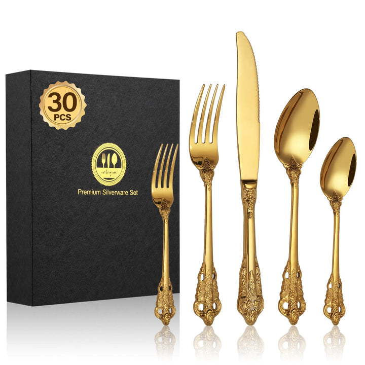 BEWOS 30 Stück Gold Palast Besteck Set, Hochwertig Edelstahl Besteck, Geprägte Design-Griffe, Banket