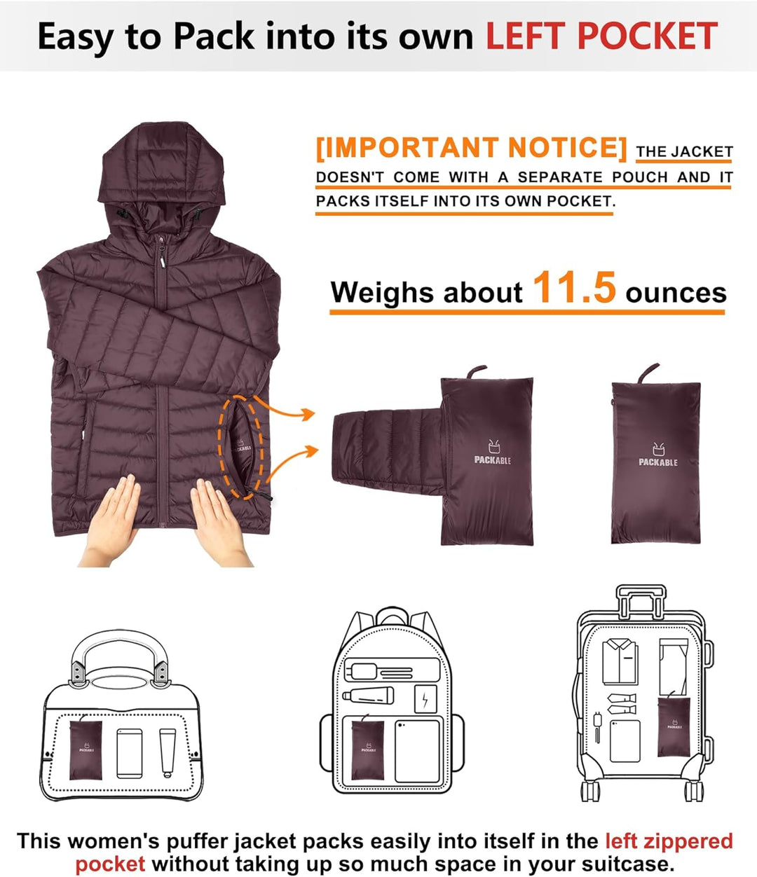 Outdoor Ventures Damen Steppjacke Leichte Packbare Übergangsjacke Warme Winterjacke mit Kapuze für F
