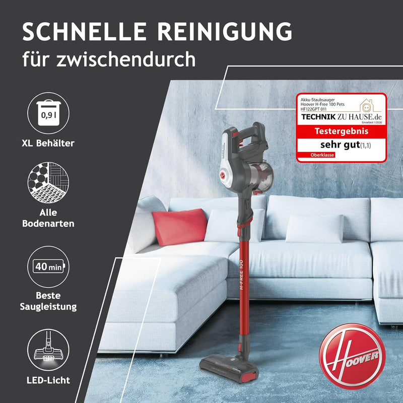 Hoover H-FREE 100 PETS Akku-Staubsauger ohne Beutel + Tierdüse – bis zu 40 Min. Laufzeit, kabelloser