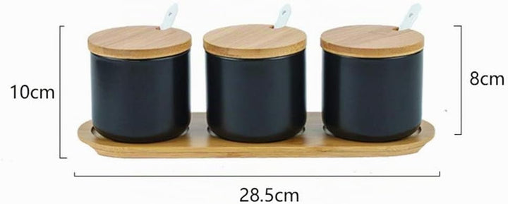 OnePine 3er Set Keramik Gewürzdosen Salztopf Keramik Zuckerdose Gewürzgläser mit Löffel und Bambus D