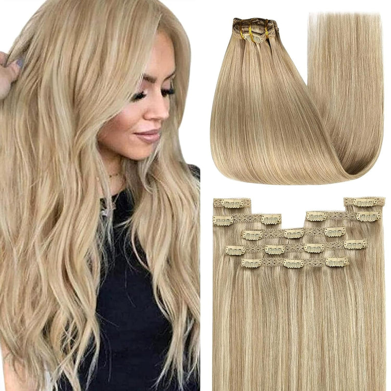 YoungSee Echthaar Extensions Clip Blond 50 cm Goldblond Strahnchen Mittelblond Clip in Extensions Ec