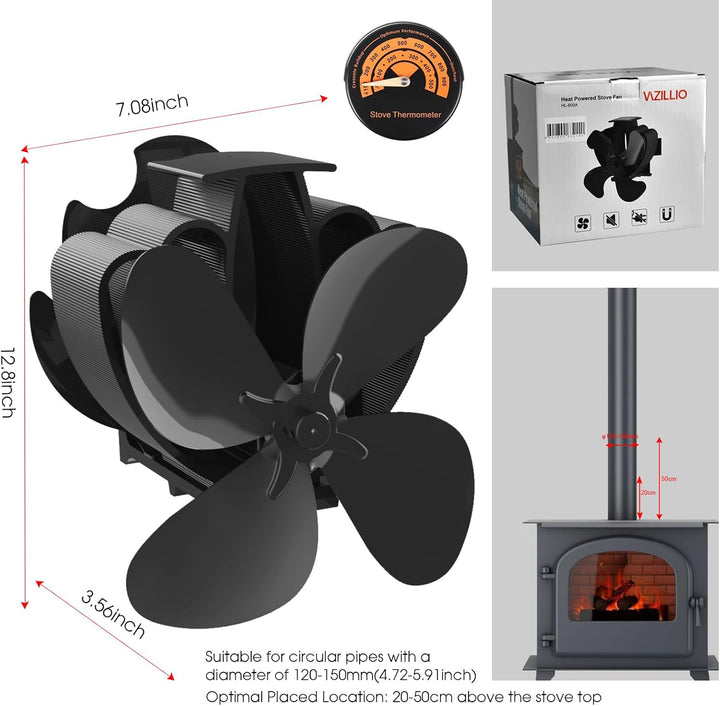 Kaminventilator für Kamin Holzöfen Öfen, 4 Flügel Magnetisch Ofenventilator für, Magnetisch
