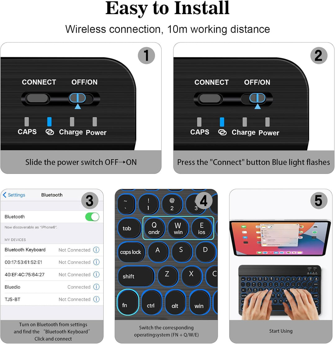 HUOBAO Kabellose Bluetooth-Tastatur, Multi-Geräte-Tastatur mit Hintergrundbeleuchtung für iPad, iPho