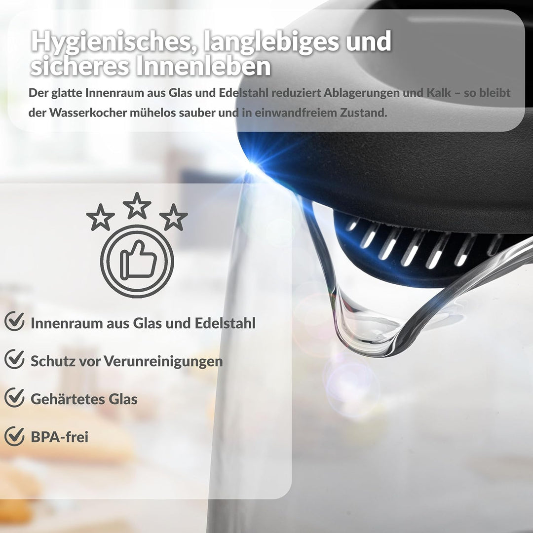 Lehmann LHOEK-2220 Glas Wasserkocher 2 Liter, 2200W, elektrischer Wasserkocher aus Glas mit LED-Hint
