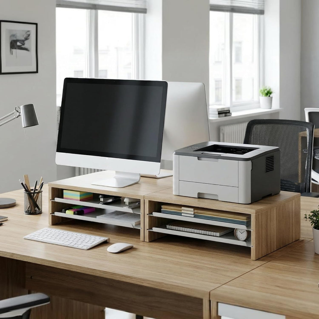 Fenge Monitorständer, Monitorerhöhung mit Ablage, Holz und Metall, Schreibtisch-Organizer für Zuhaus