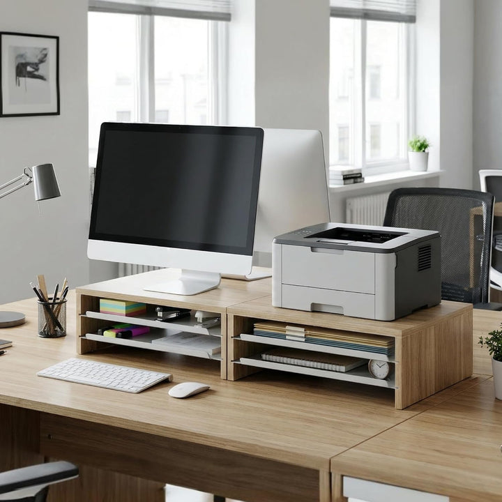 Fenge Monitorständer, Monitorerhöhung mit Ablage, Holz und Metall, Schreibtisch-Organizer für Zuhaus