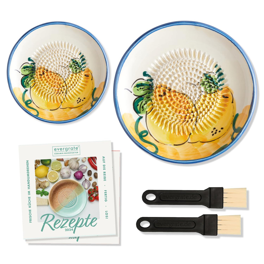 evergrate Geniales Duo: Tellerreibe + Dipschale Motiv Melissa mit 2 Küchenpinsel und 2 Rezepthefte,