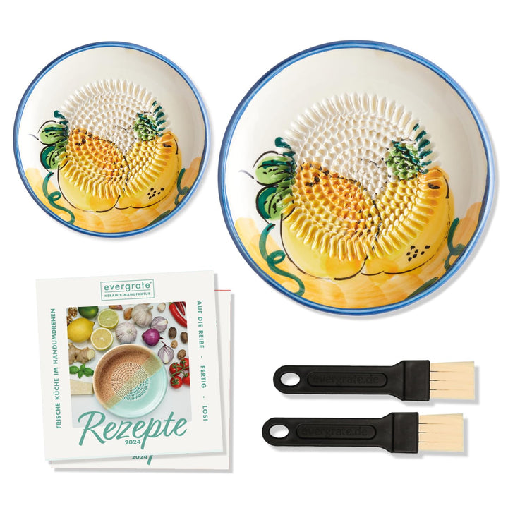 evergrate Geniales Duo: Tellerreibe + Dipschale Motiv Melissa mit 2 Küchenpinsel und 2 Rezepthefte,