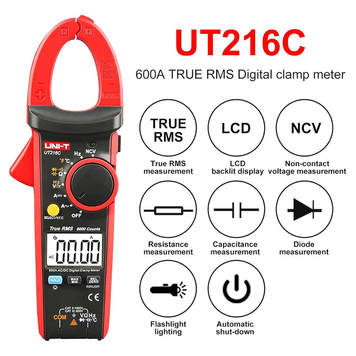 UT216C Digitale Strommesszange AC DC Strommessung Effektivwert Frequenz Kapazität Temperatur & NCV T