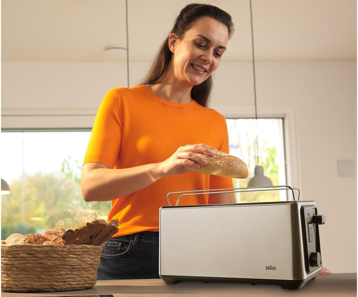 Braun Langschlitz-Toaster – 2 extralange Schlitze, 8 Bräunungsstufen, Auto-Zentrierung, Reheat+ & De