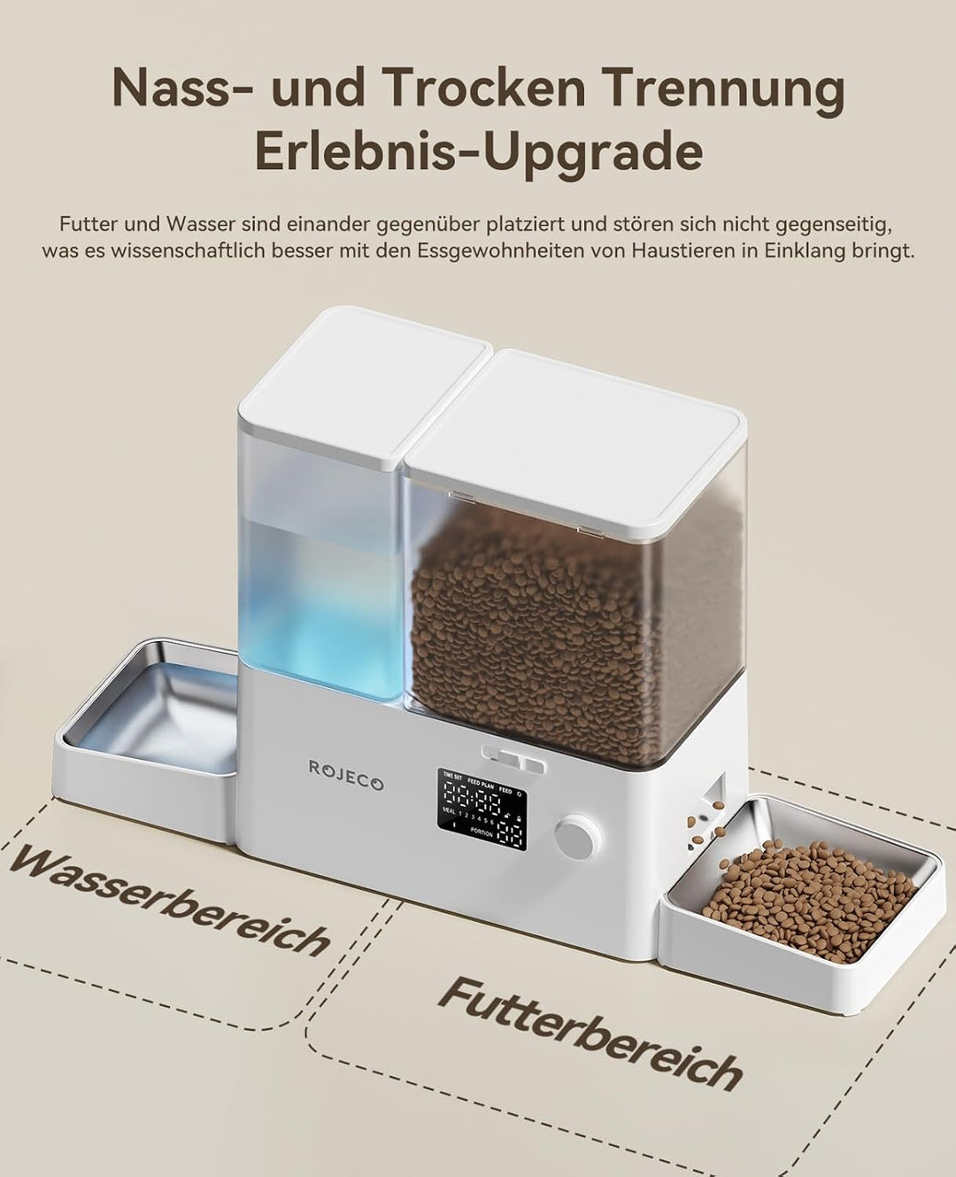Rojeco 2-in-1 Futterautomat und Wasserspender, 5L Trockenfutter Automat für Katzen mit 3.5L Wasserta