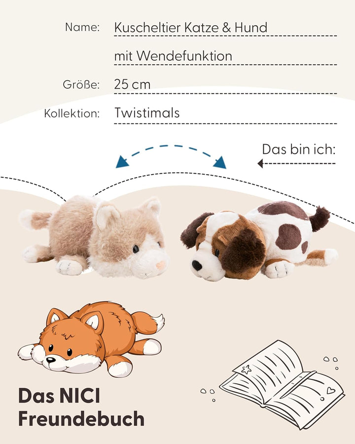 Kuscheltier Katze &amp; Hund 25cm mit Wendefunktion 2in1 - beige - Stofftier aus weichem Plüsch, niedlic