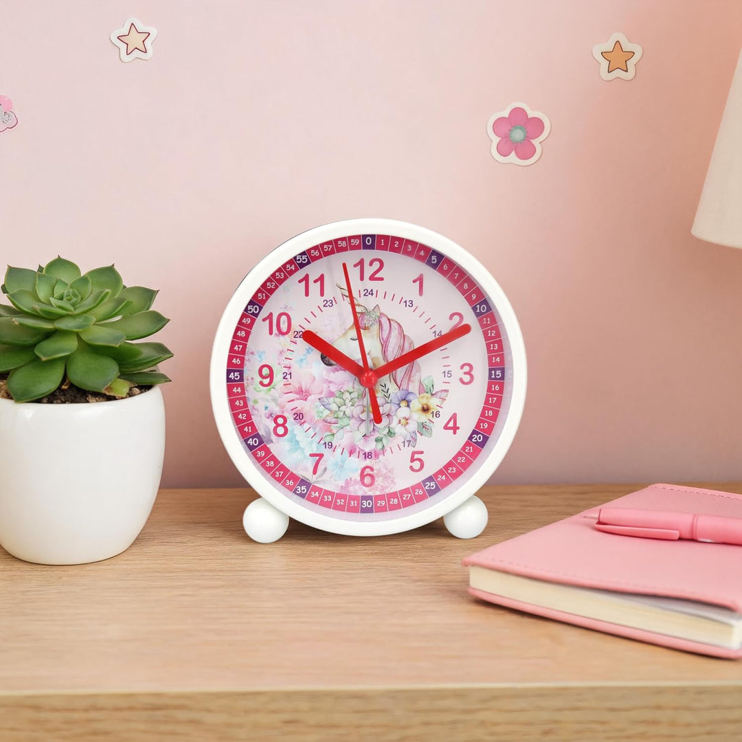 K&amp;L Wall Art Rosa Kinderwecker Einhorn Lernuhr Kinder Tischuhr Mädchen Kinderzimmer Tischwecker mit