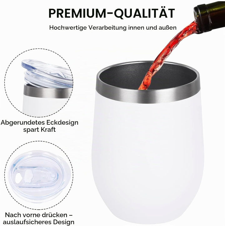 Joymaking 4 Stück Weinbecher Edelstahl, Stemless Weinbecher mit Deckel, Doppelwandige Unbreakable Tr