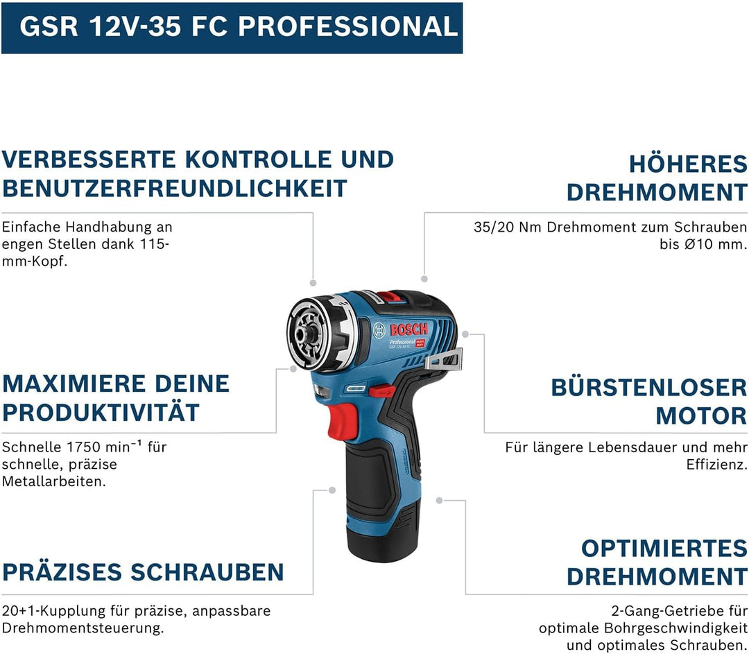 Bosch Professional 12V System Akku-Bohrschrauber GSR 12V-35 FC (inkl. 2 x Aufsatz, 2 x Akku GBA 12V