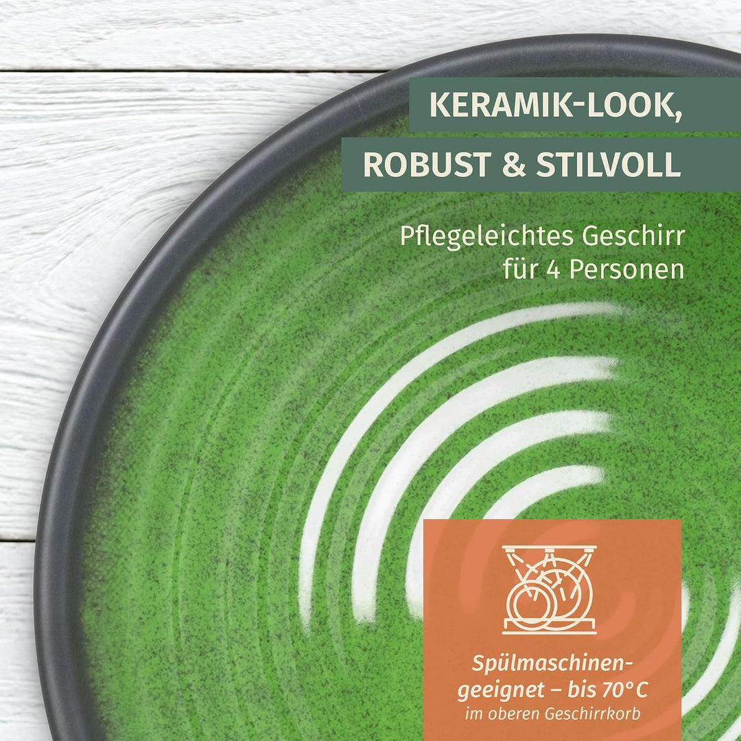 Melamin Camping Geschirr Set 4 Personen Stone Green + 4 Timo Champgner Gläser Flûtes Tafelgeschirr P