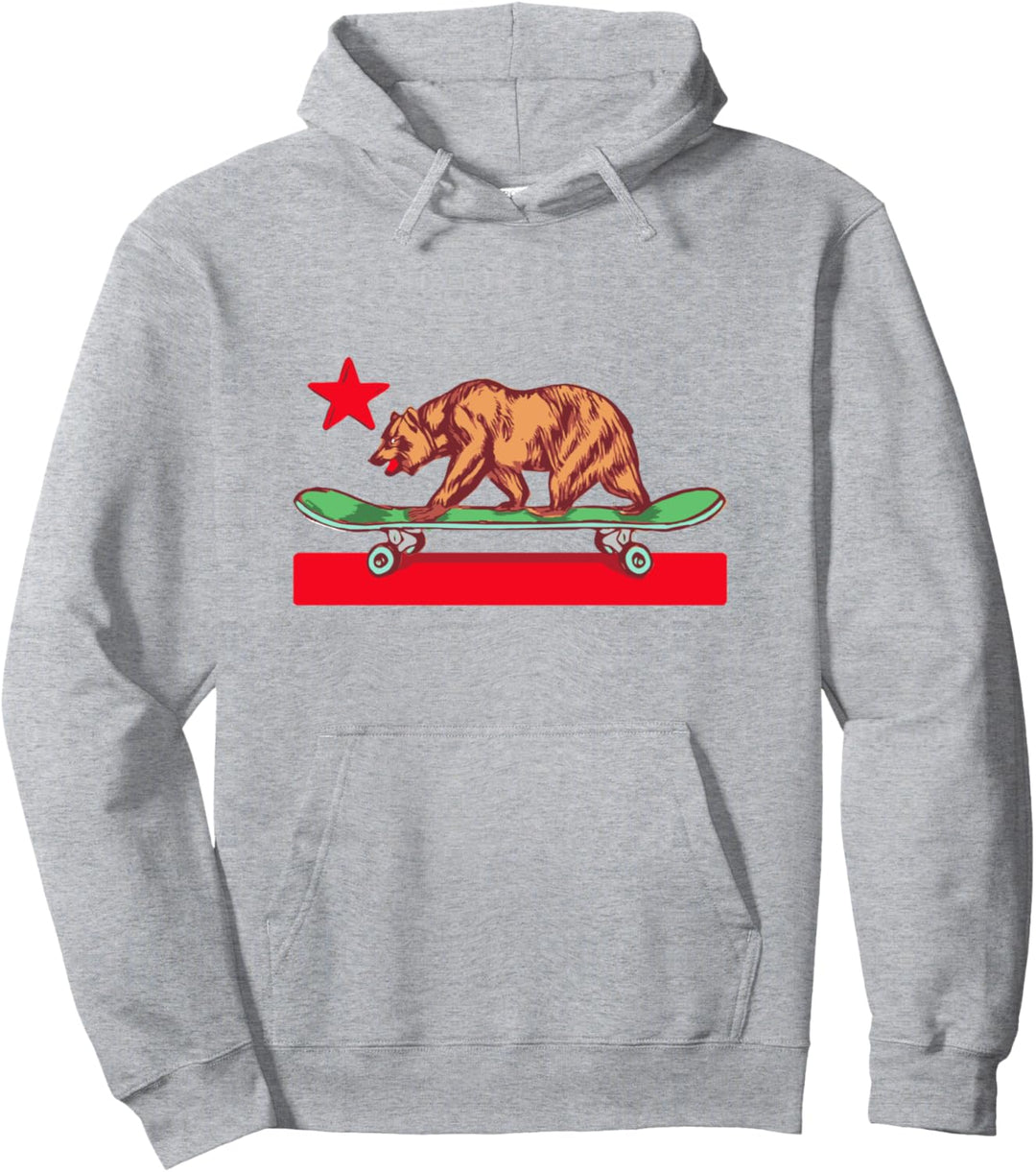 Skateboard Grizzly Bear California Flag Funny Skater Retro Pullover Hoodie