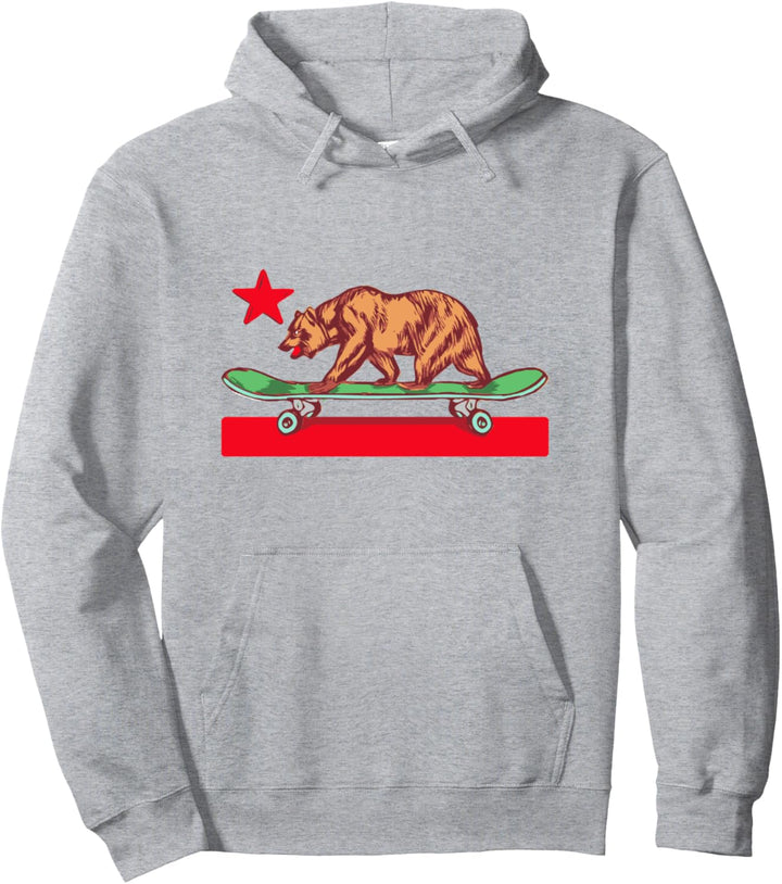Skateboard Grizzly Bear California Flag Funny Skater Retro Pullover Hoodie