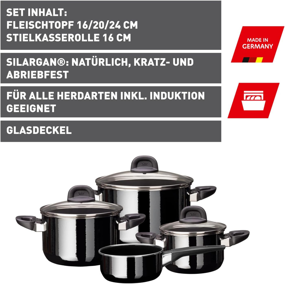 Silit Modesto Line Topfset Induktion 4-teilig, Kochtopf Set mit Glasdeckel, Silargan Funktionskerami