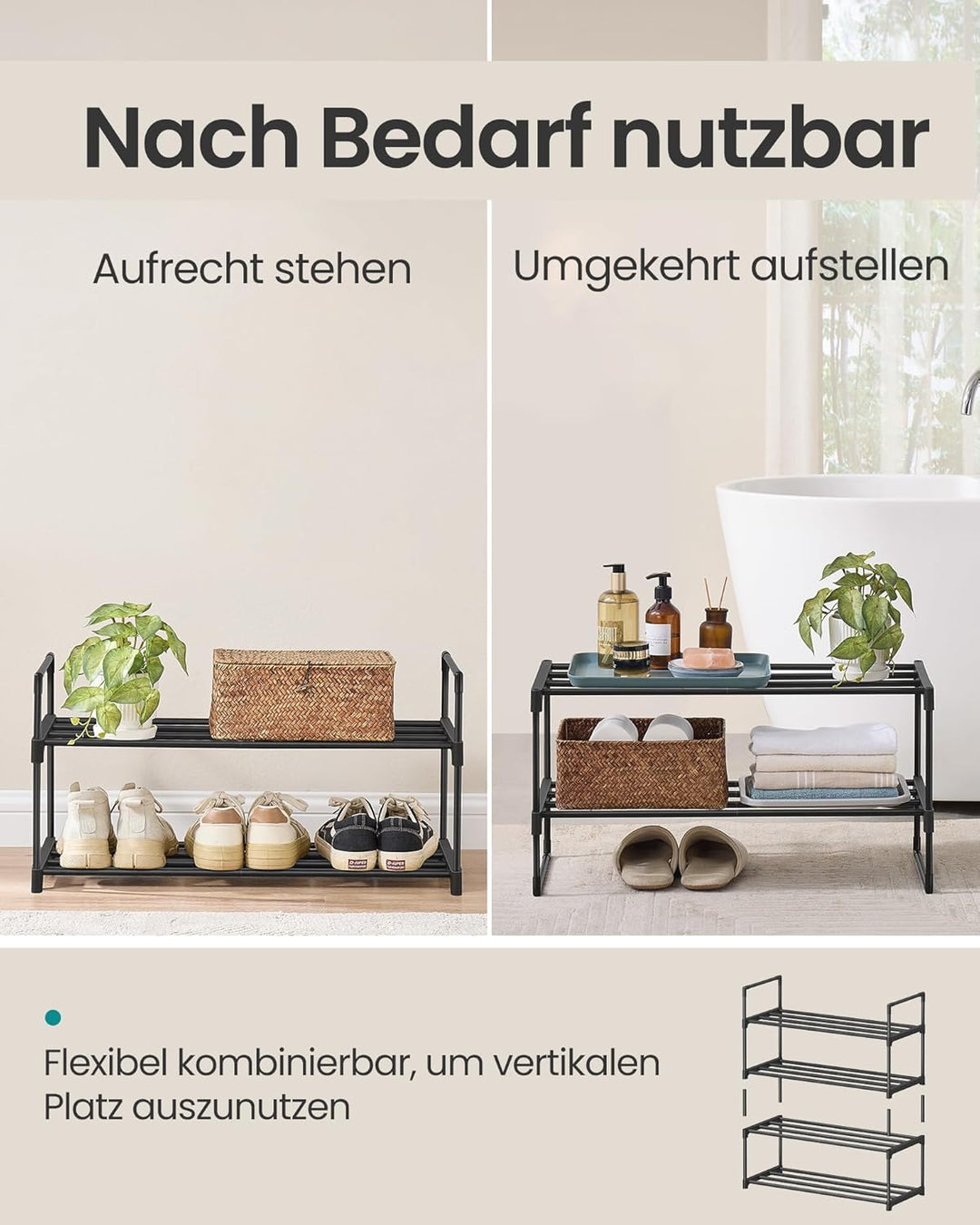 SONGMICS Schuhregal 2 Ebenen, Schuhständer Metall, Schuhaufbewahrung, Schuh-Organizer, aufrecht oder