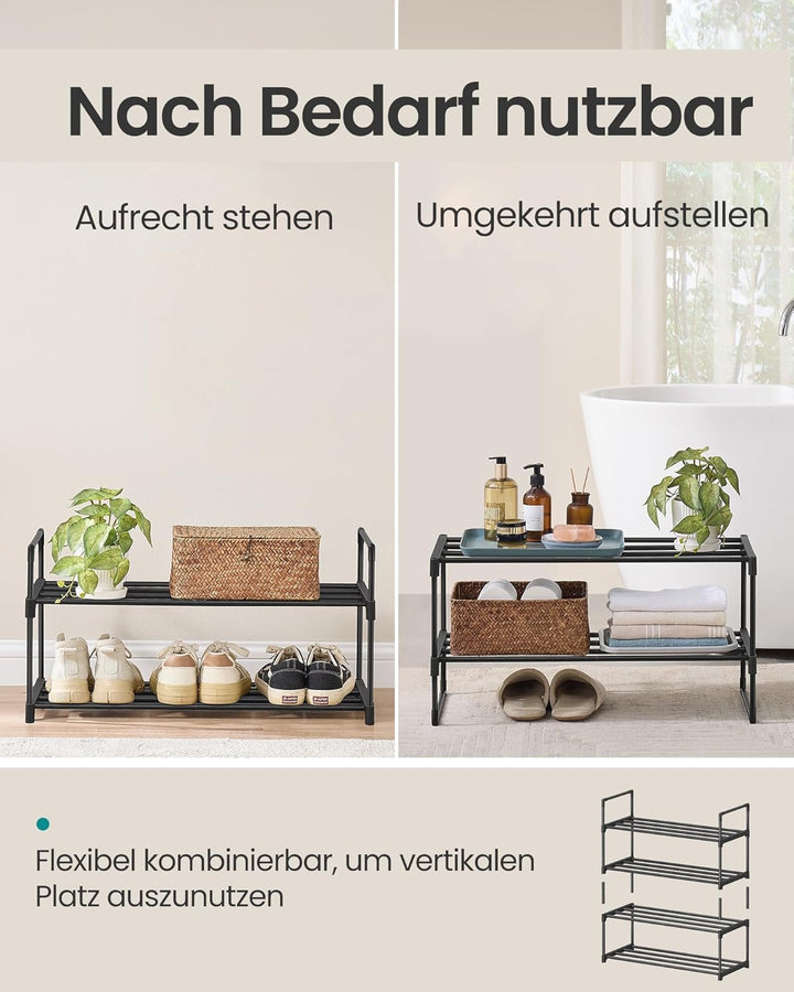 SONGMICS Schuhregal 2 Ebenen, Schuhständer Metall, Schuhaufbewahrung, Schuh-Organizer, aufrecht oder