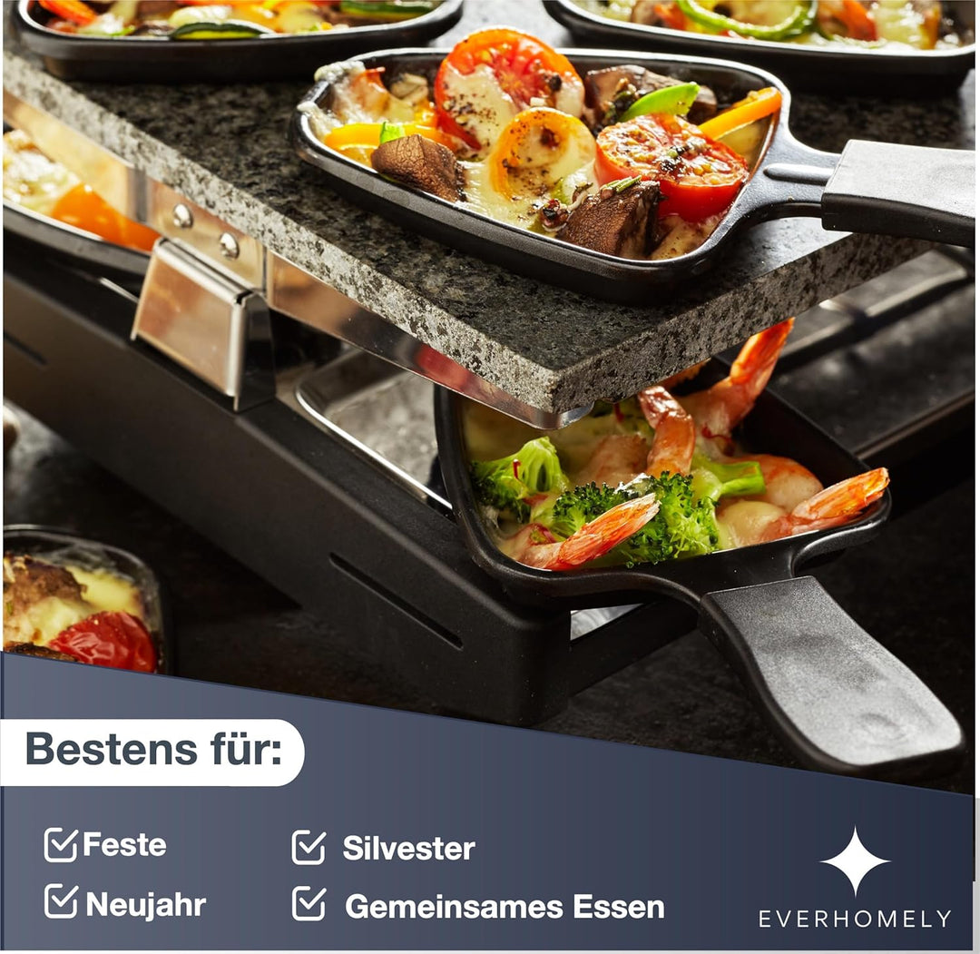 8 Personen Set Raclette - Mit Grillplatte & Steinplatte Funktion - Tischgrill inkl. Pfännchen & Scha