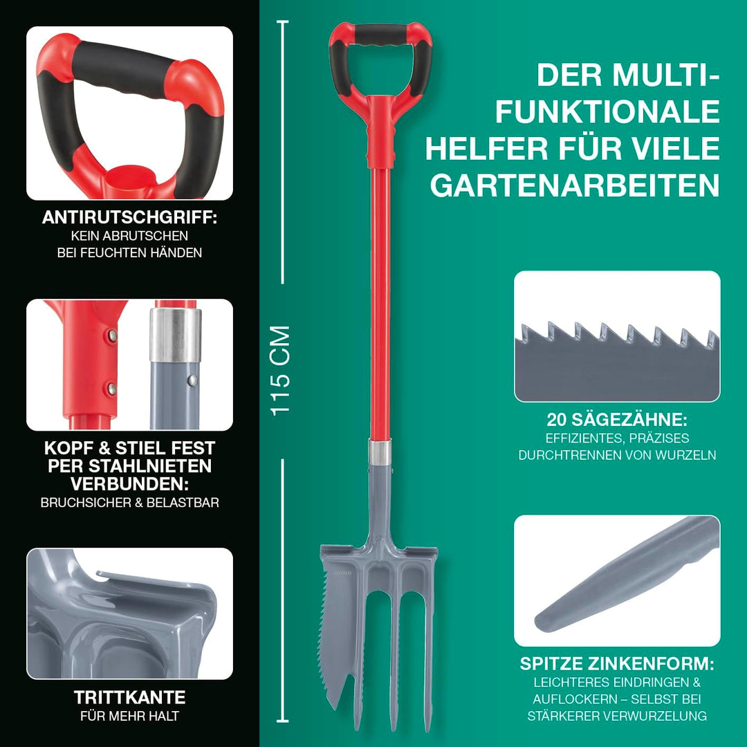 EASYmaxx 4 in 1 Wurzelschaufel & 2 in 1 Spatengabel mit Wurzelsäge im Set | Multifunktionsschaufeln