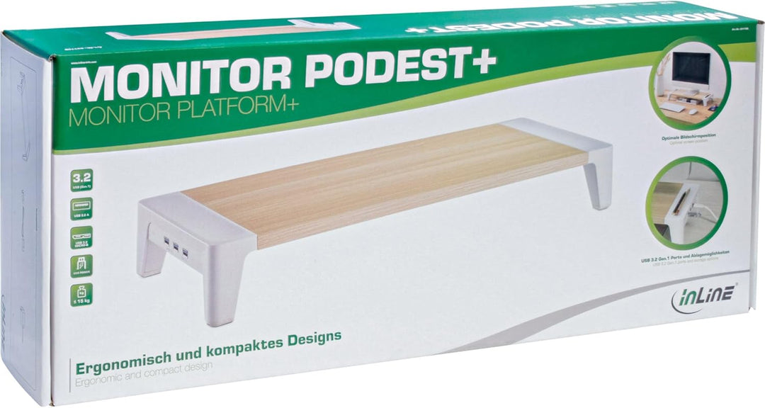 InLine® Monitor Podest+ mit 2X USB 3.2 Gen1 und QC3 Ladeports, 80mm, max. 15kg