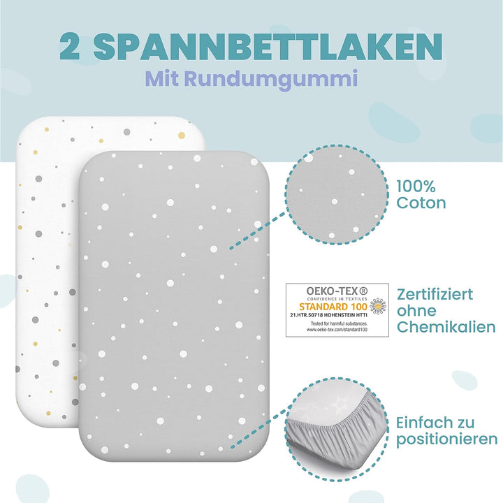 2X Spannbettlaken aus 100% Baumwolle mit Gummiband - 1X Matratzenschoner aus 100% wasserdichtem Mate