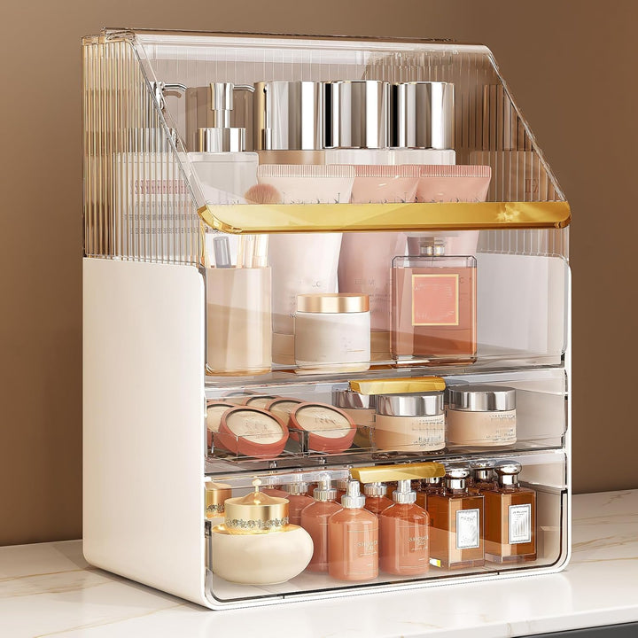 Grosse Make-up-Aufbewahrungsbox, 3-stöckig – Kosmetik-Organizer für die Theke mit Deckel, Schminktis