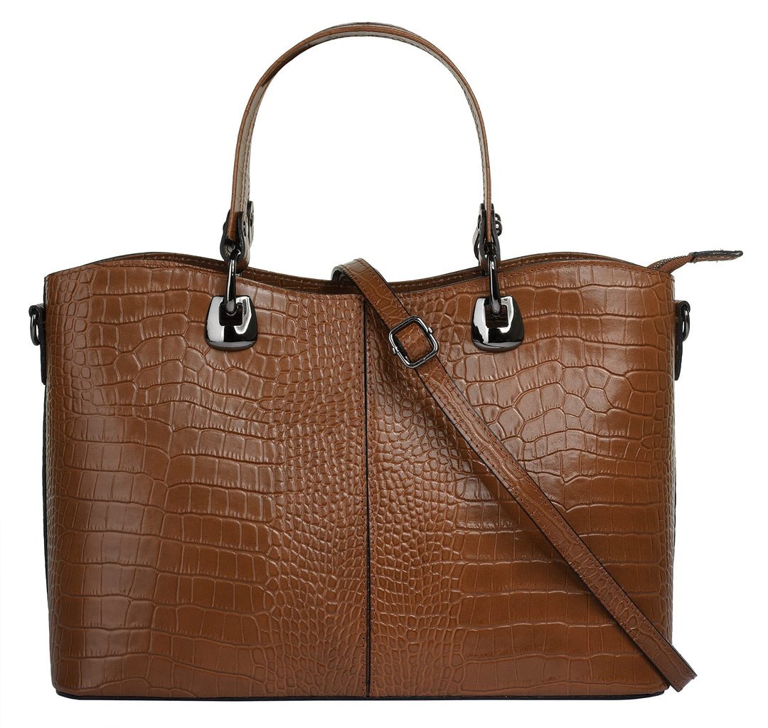 Handtasche Echt Leder Damen Made in Italy, Smartphonefach, Damenhandtasche im Kroko-Design, Umhänget