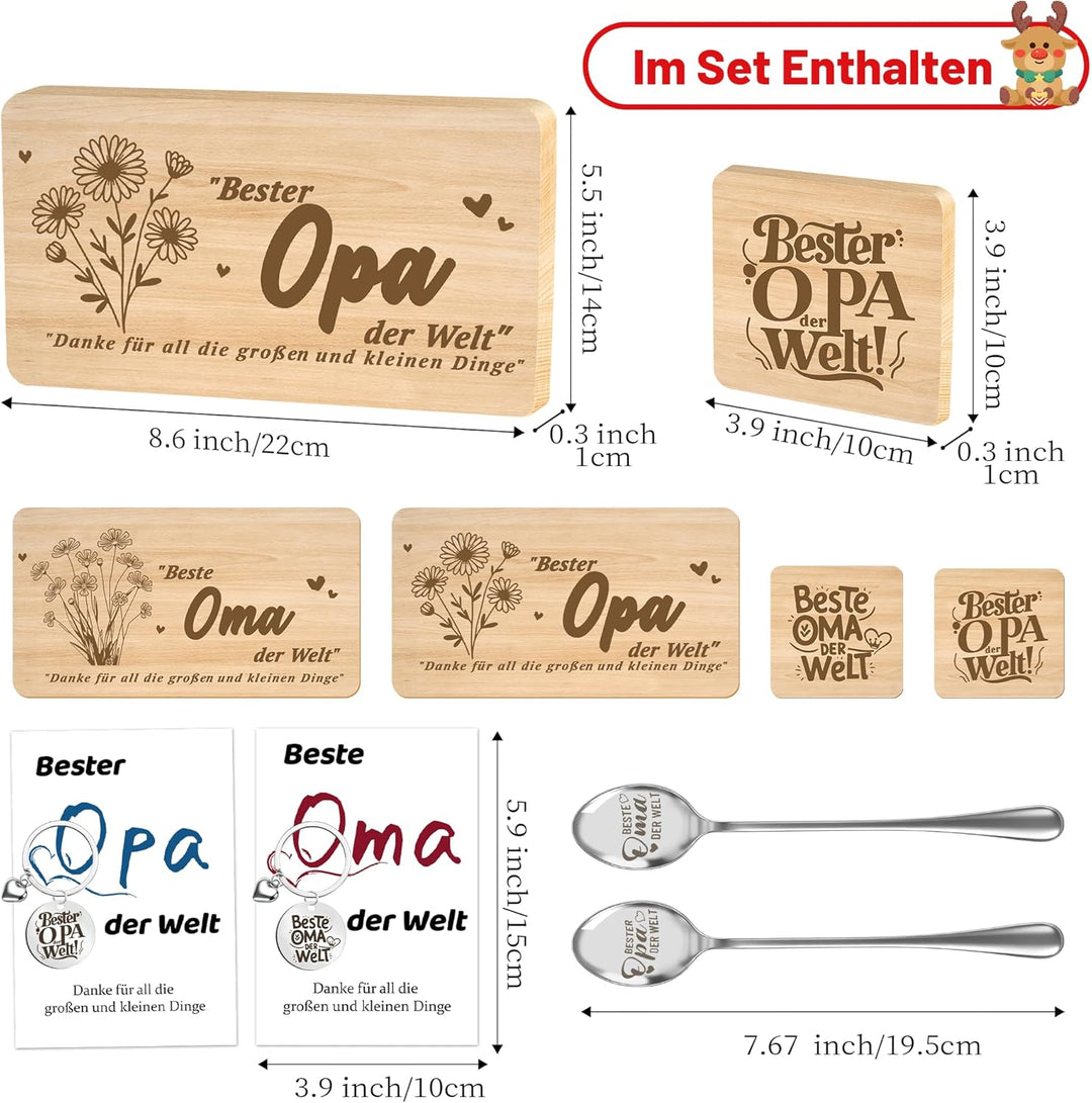 Geschenk für Oma und Opa – 2 Holz-Servierbretter, 2 Holzuntersetzer, 2 Edelstahl-Löffel, 2 Schlüssel