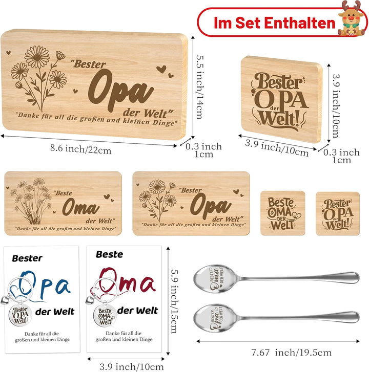 Geschenk für Oma und Opa – 2 Holz-Servierbretter, 2 Holzuntersetzer, 2 Edelstahl-Löffel, 2 Schlüssel