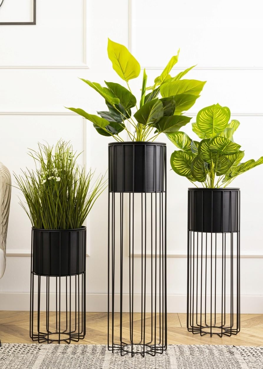HowHomely Blumensäule aus Draht mit Übertopf Metall rund schwarz 55x20x20 cm