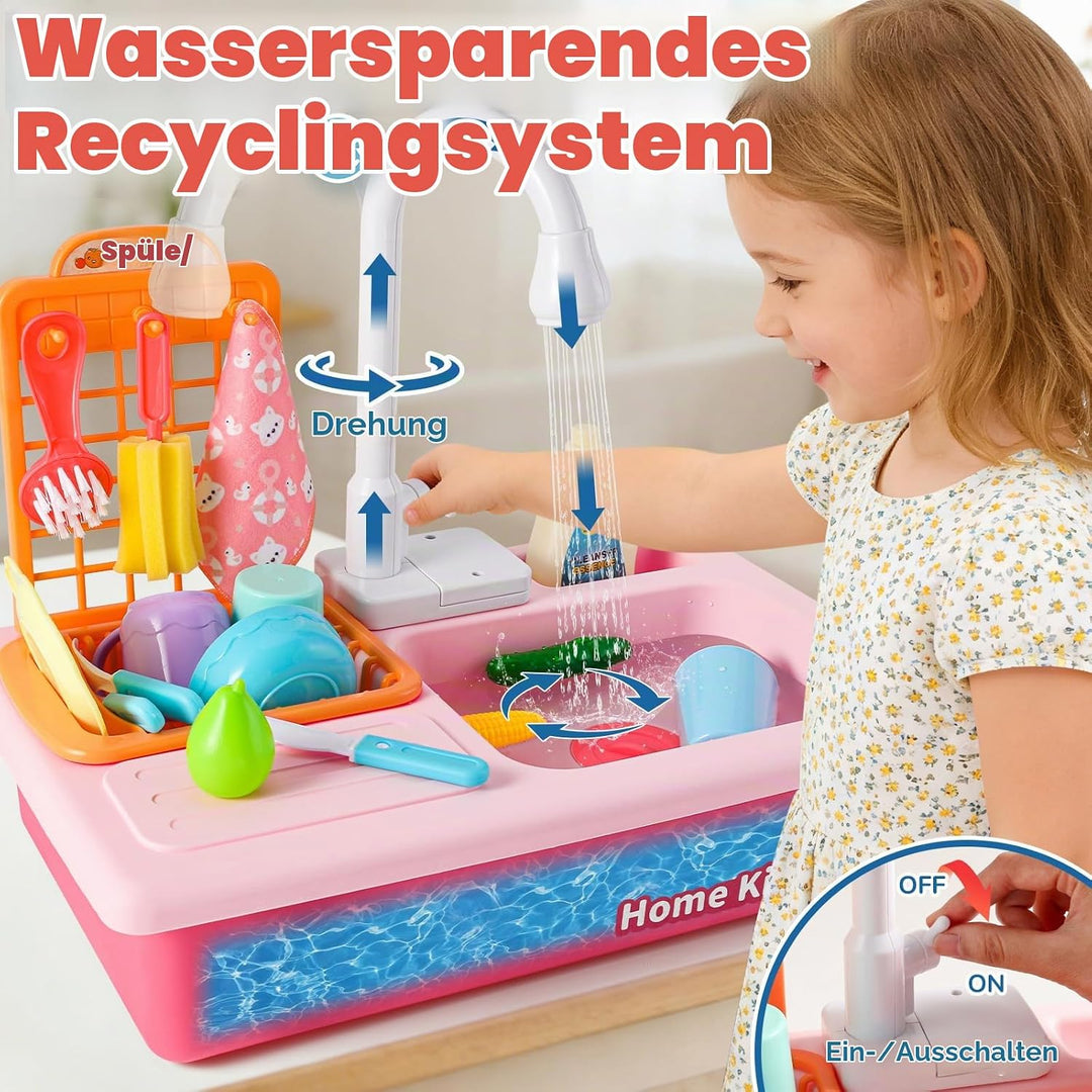 Mini Tudou Kinderwaschbecken Spielzeug,Spielspüle Spielzeug mit Automatischem Wasserzyklus-System, E
